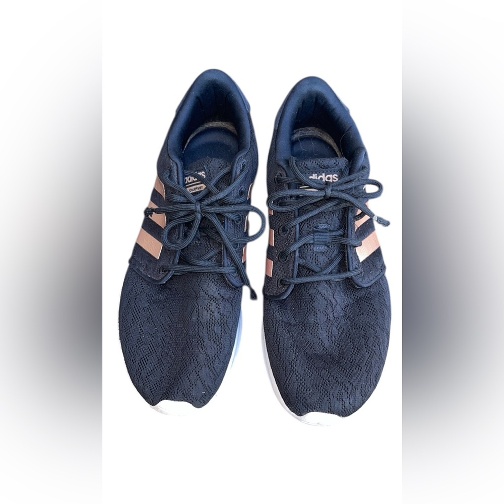 Women's Adidas running shoes in black with copper/rose gold metallic stripes
